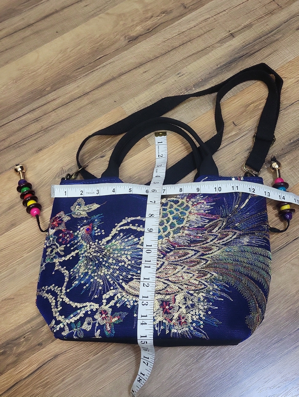 Blue Sequin Peacock Lightweight Handle & Removable Crossbody Strap Bag - Picture 10 of 15